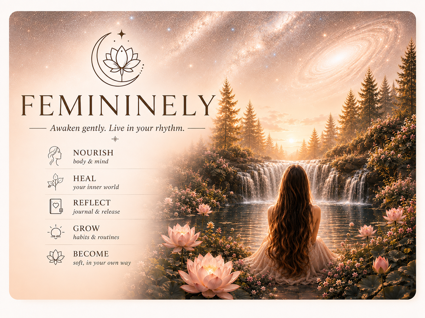 A woman sitting quietly beside a still lotus pool at sunrise, beneath the FEMININELY wordmark